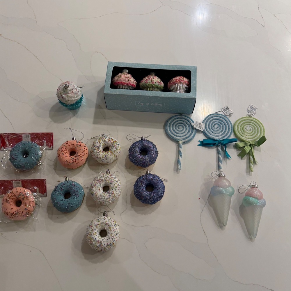 15pc Candy Dessert Christmas Ornament Lot Cupcake Donut Lollipop Ice Cream Glass